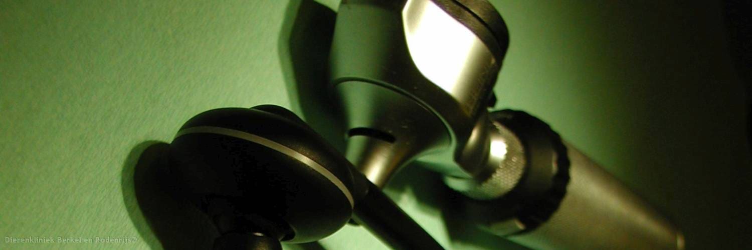 Twee otoscopen op de behandeltafel in het licht van de onderzoekslamp